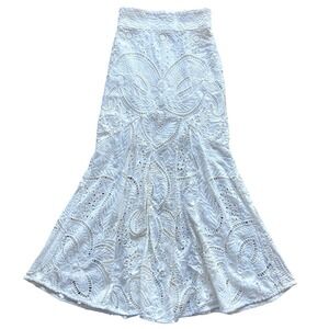 Thurley Flower Child Midi Skirt White Eyelet Lace Boho A Line Cotton US 2